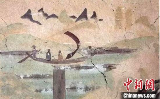 “一人搖櫓晃扁舟，兩人撐篙水上漂。”圖為莫高窟第323窟《搖櫓帆船》（初唐）?！《鼗脱芯吭汗﹫D