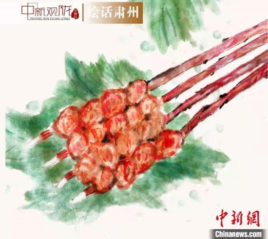 圖為酒泉美食“紅柳烤肉”繪畫作品?！《排d彥 攝