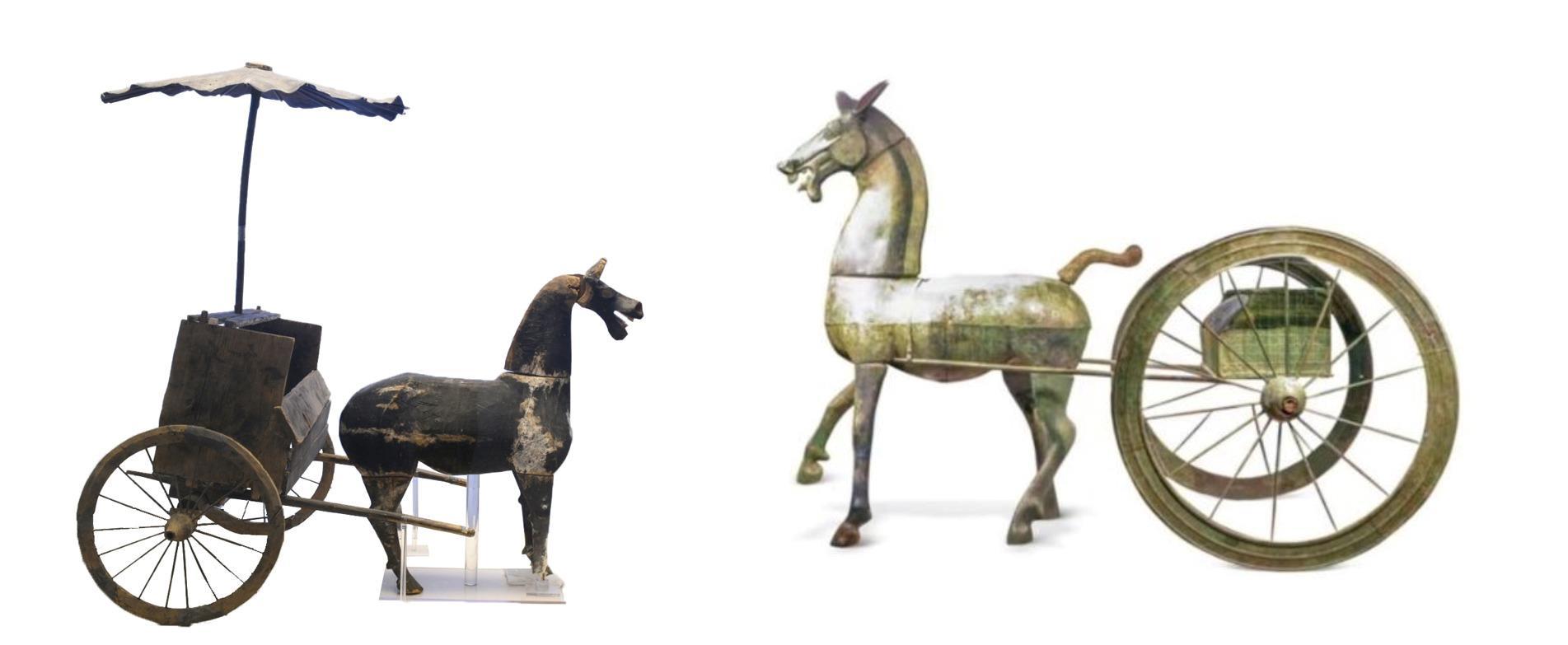 △左為漢代木軺車，藏于青海省博物館；右為東漢銅車馬，藏于黔西南州博物館。